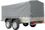 Unitrailer 264/2 Doppelachs-Kippanhänger mit Stützrad, Bügel und grauer Plane