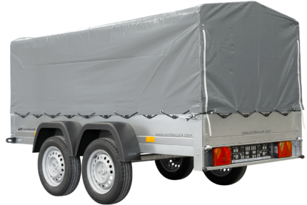 Unitrailer 264/2 Doppelachs-Kippanhänger mit Stützrad, Bügel und grauer Plane