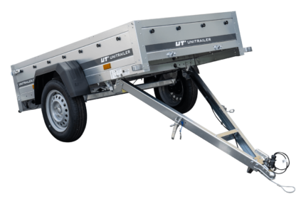 200×106 Gitteranhänger mit blauer Flachplane, Gitterwänden und Stützrad – Garden Trailer 200 KIPP